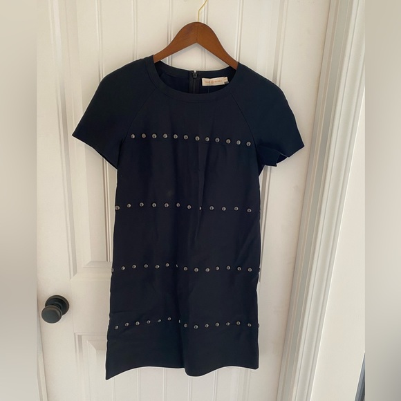 TORY BURCH - Waterbury Short-Sleeve Crew Neck Studded Black Mini Dress - Picture 2 of 4